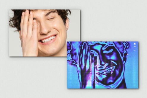 Smiling person face close-up with one hand covering eye next to vibrant digital art effect. Ideal for graphic templates and mockup design projects.
