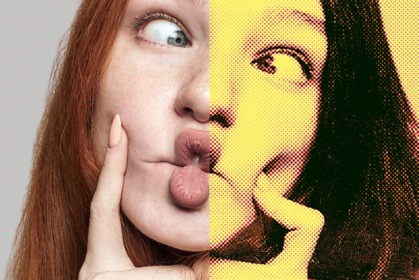 Split portrait of a woman in realistic and halftone styles, showcasing creative design effects for graphic projects, templates, and mockups. Ideal for designers.