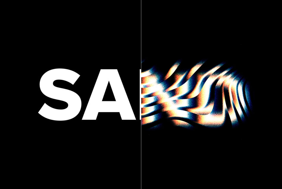 Split text composition with plain letters morphing into glitch effect