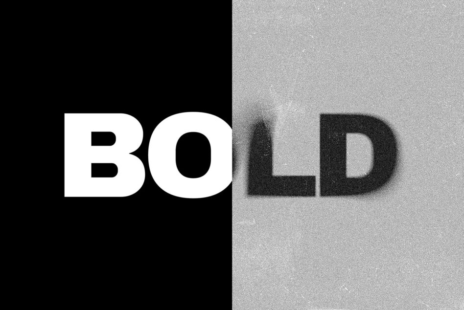 Bold text split between black background left side, grainy right side