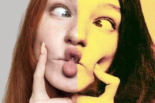 Split portrait of a woman in realistic and halftone styles, showcasing creative design effects for graphic projects, templates, and mockups. Ideal for designers.