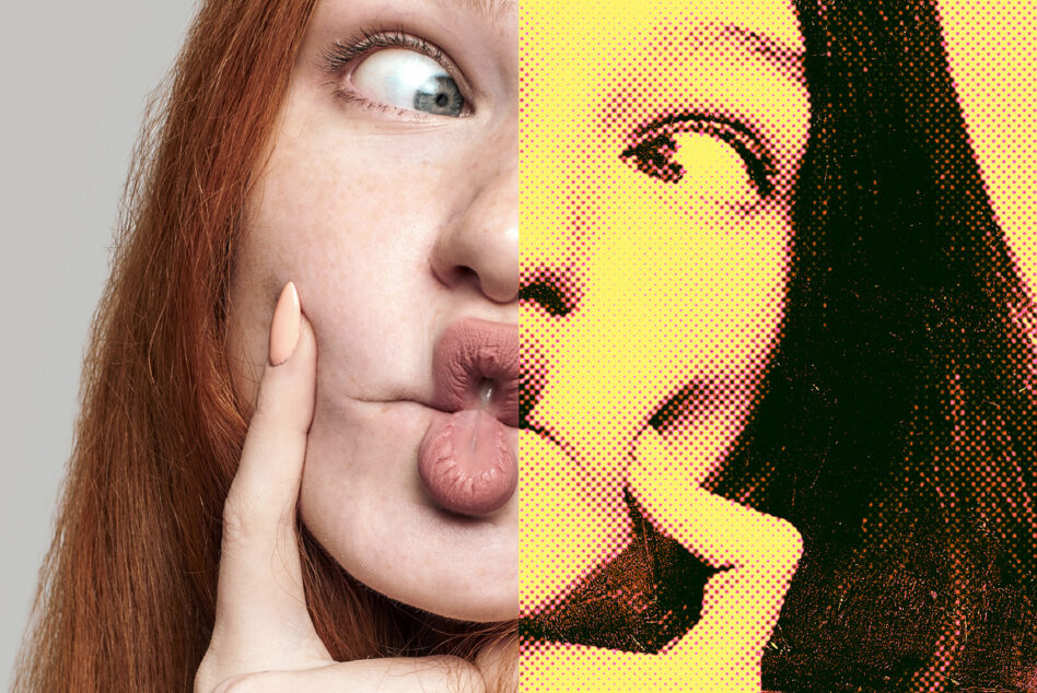 Before after split showing photo with halftone dot pattern effect applied