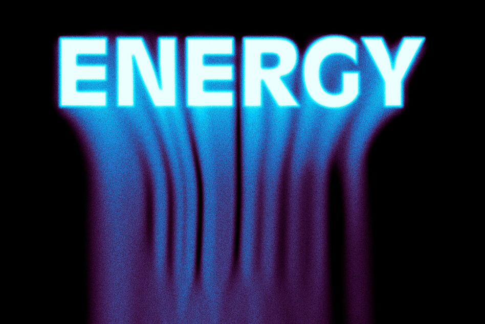 Cyan glowing ENERGY letters with intense blue purple light rays streaming vertically downward