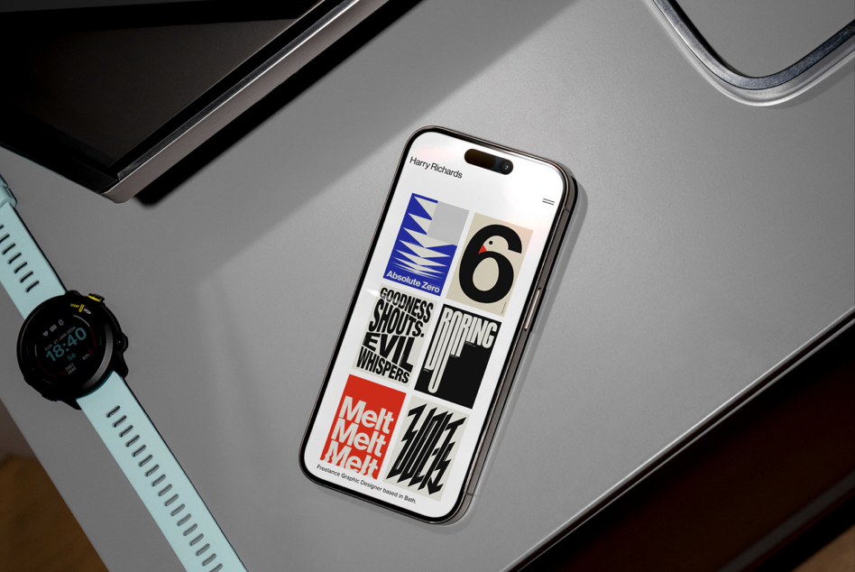 Phone showing colorful typographic design with logos, brands, text layout