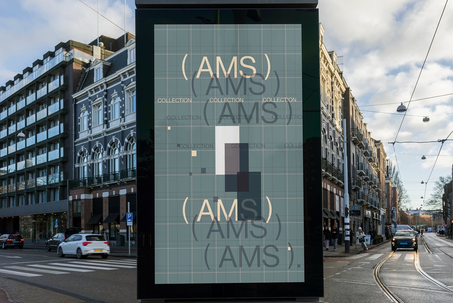 Outdoor poster mockup in urban setting featuring abstract geometric design with overlapping text AMS Collection ideal for designers and branding projects.