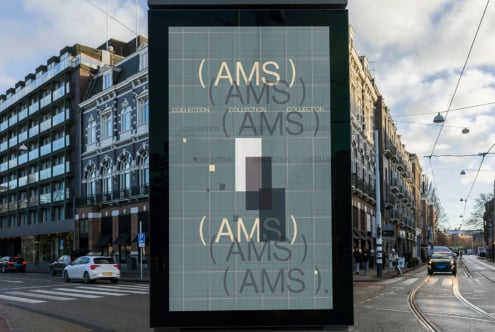 Outdoor poster mockup in urban setting featuring abstract geometric design with overlapping text AMS Collection ideal for designers and branding projects.