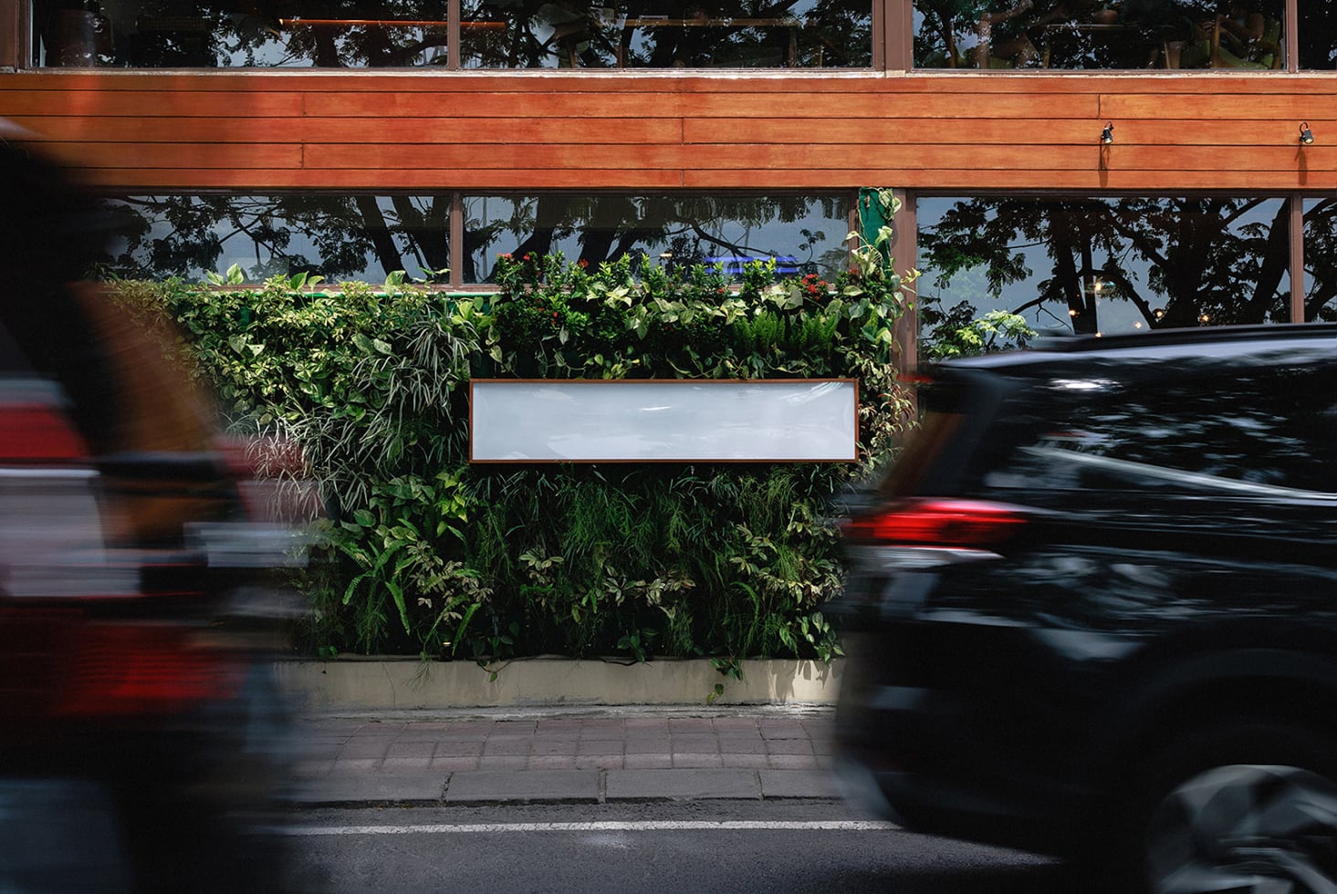 Empty horizontal sign mounted on verdant plant wall with moving vehicles on street