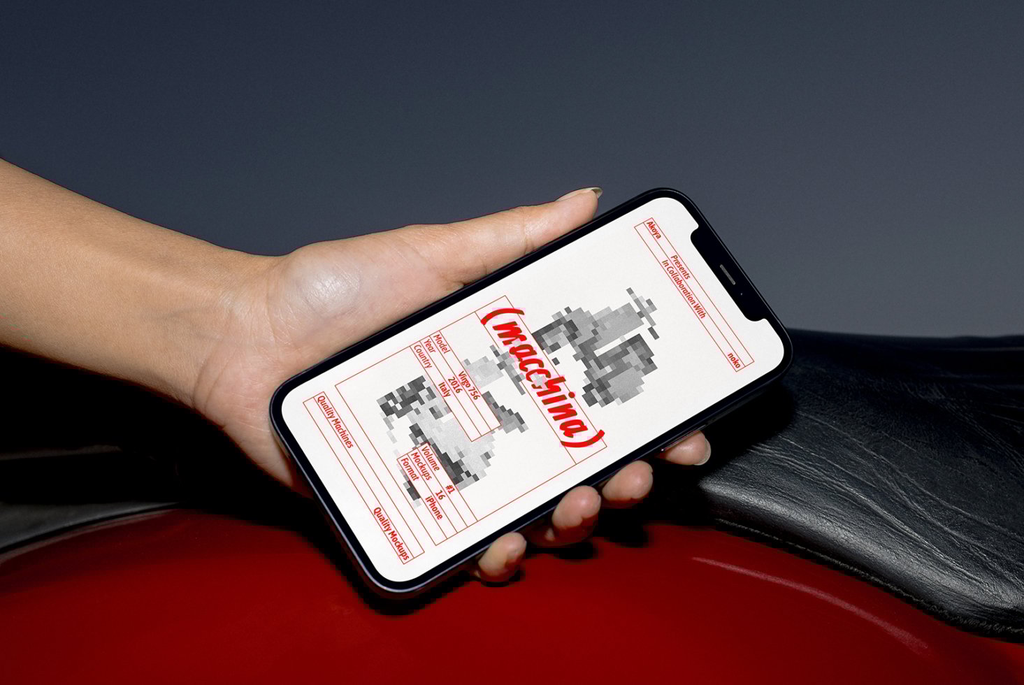 Hand holding smartphone displaying pixel art in red and gray tones on screen suitable for mockup presentations digital assets design preview mobile app.
