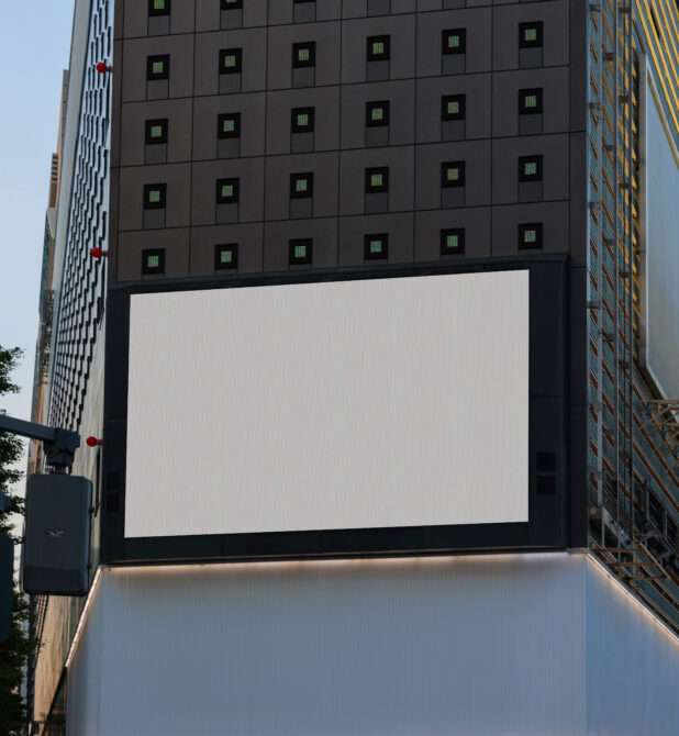 Wide horizontal digital screen on modern building with green lit windows