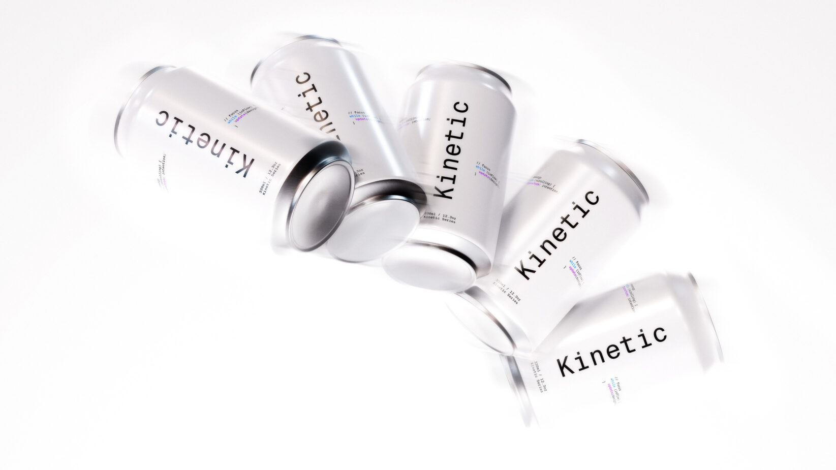 Minimalist mockup featuring sleek soda cans labeled Kinetic scattered artistically on white background ideal for product design presentations.