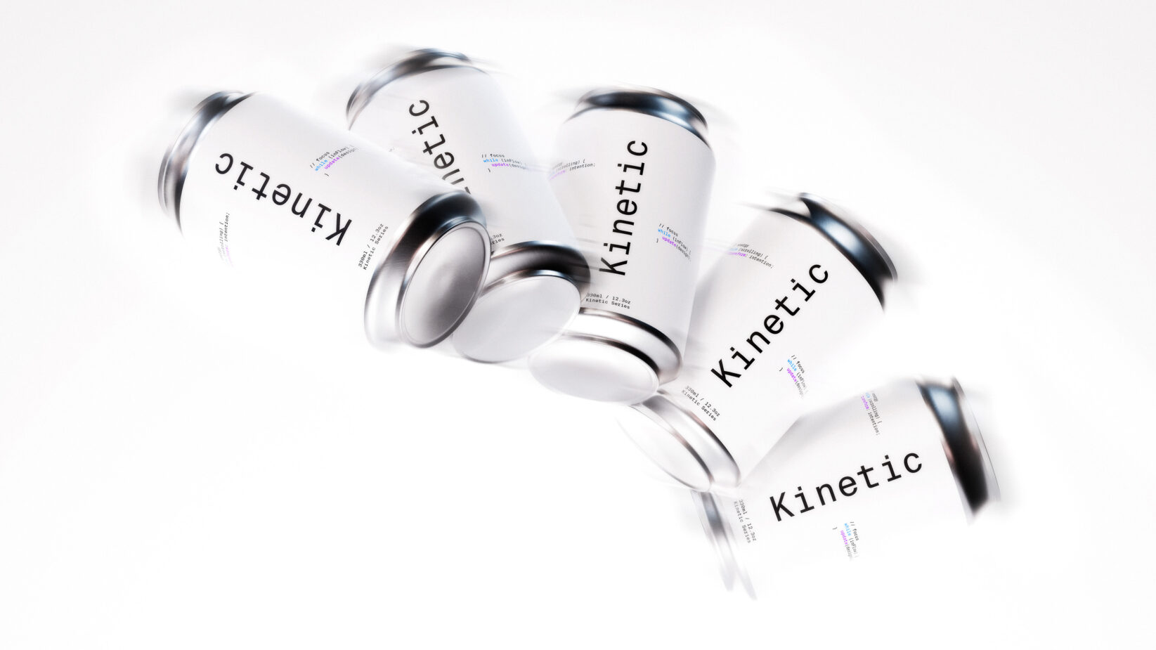 Floating white cans labeled Kinetic displayed dynamically on a white background ideal for mockup design templates for graphic designers SEO assets
