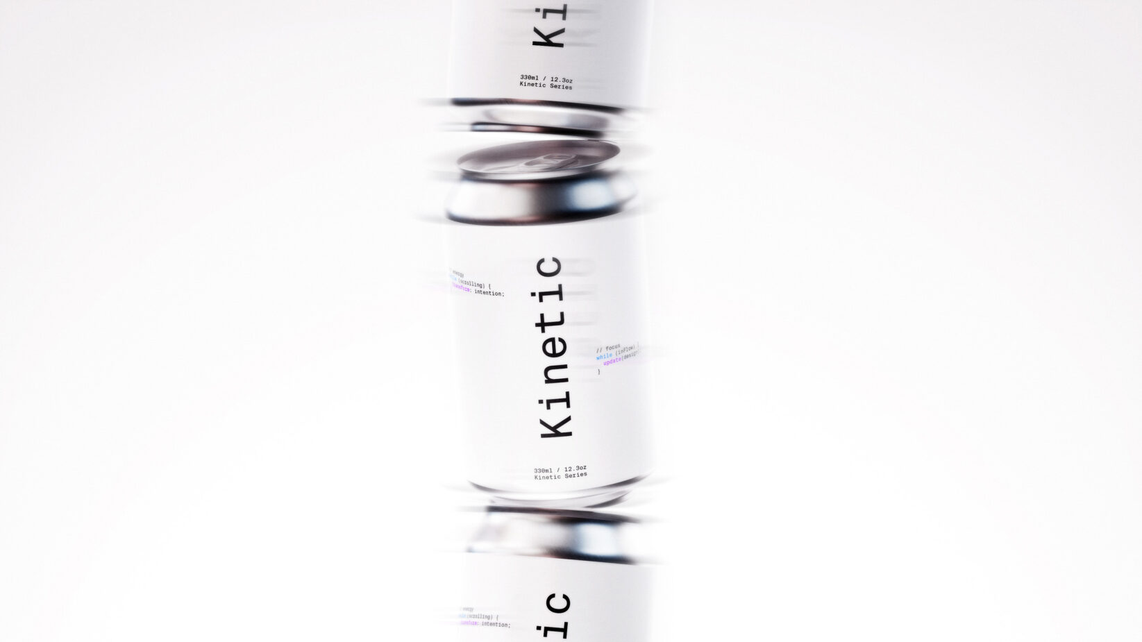 Modern can mockup with sleek kinetic typography design on a reflective surface. Product packaging template for designers' projects and presentations.