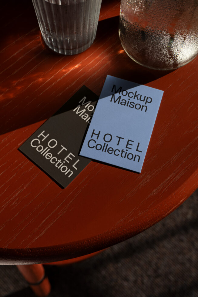 Two business cards on wood surface with glasses of water nearby