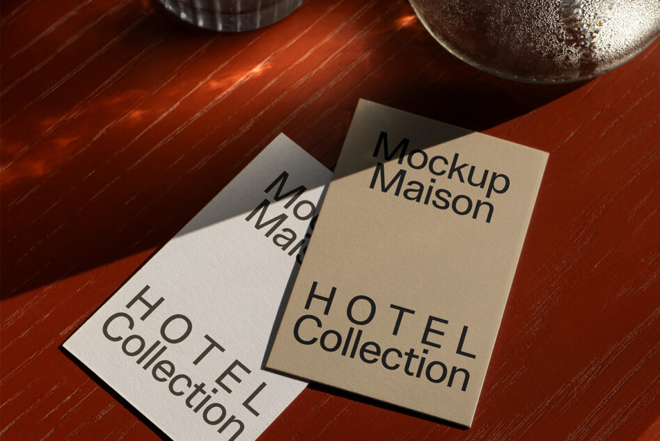 Stacked business cards showing tan cream color with natural wood background