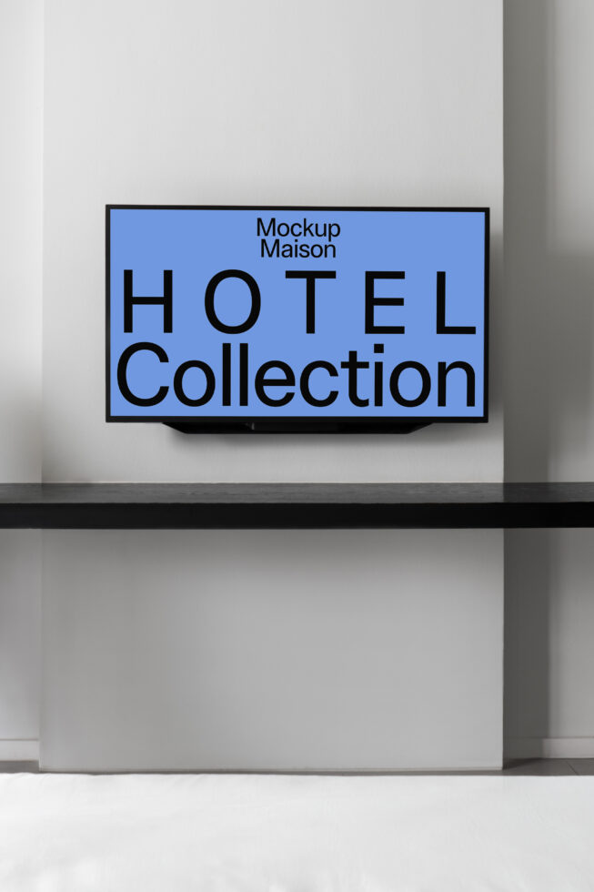 TV wall mount mockup displaying Hotel Collection text in bold black on a light blue screen ideal for interior design presentations and branding templates.