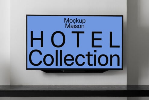 TV mockup template with blue screen displaying Hotel Collection text. Ideal for designers seeking realistic presentation for branding and graphic design projects.