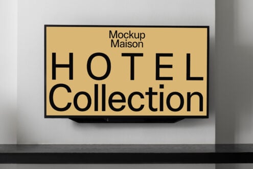 Modern hotel signage mockup displayed on a sleek TV screen. Ideal for designers creating branding for hospitality. Mockup Maison collection.