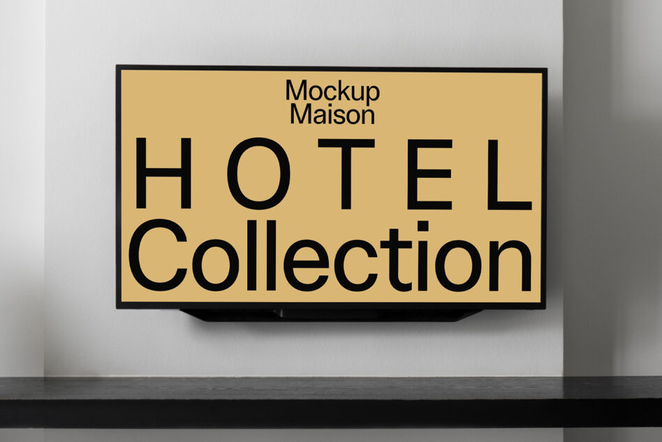 Yellow horizontal sign with Hotel Collection text on shelf