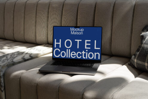 Laptop mockup on a stylish sofa showcasing Hotel Collection. Perfect for designers needing realistic mockups for presentations and branding projects.