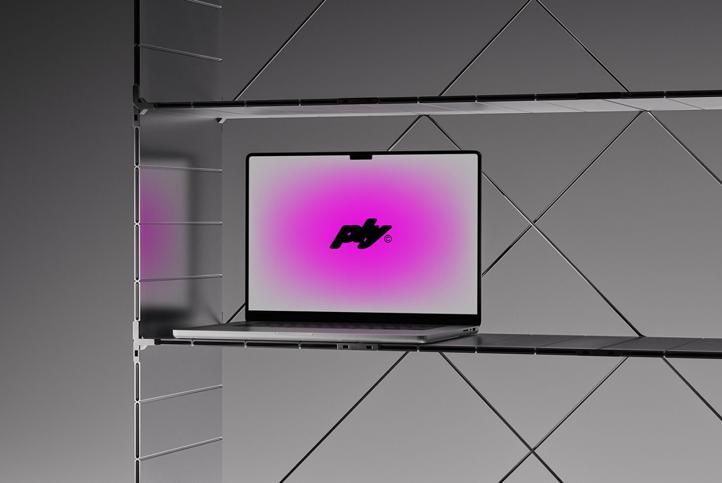 Laptop on minimalist shelf with modern geometric background featuring digital graphic mockup in vibrant pink ideal for design templates and presentations.
