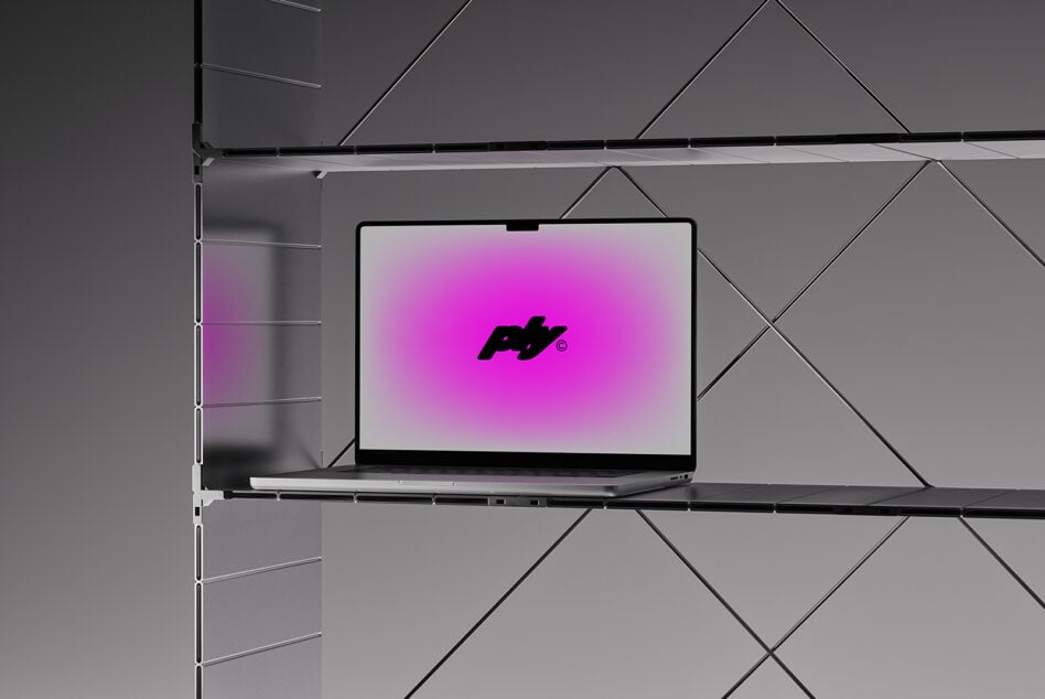 Laptop mockup with gradient magenta screen on modern geometric wall shelves