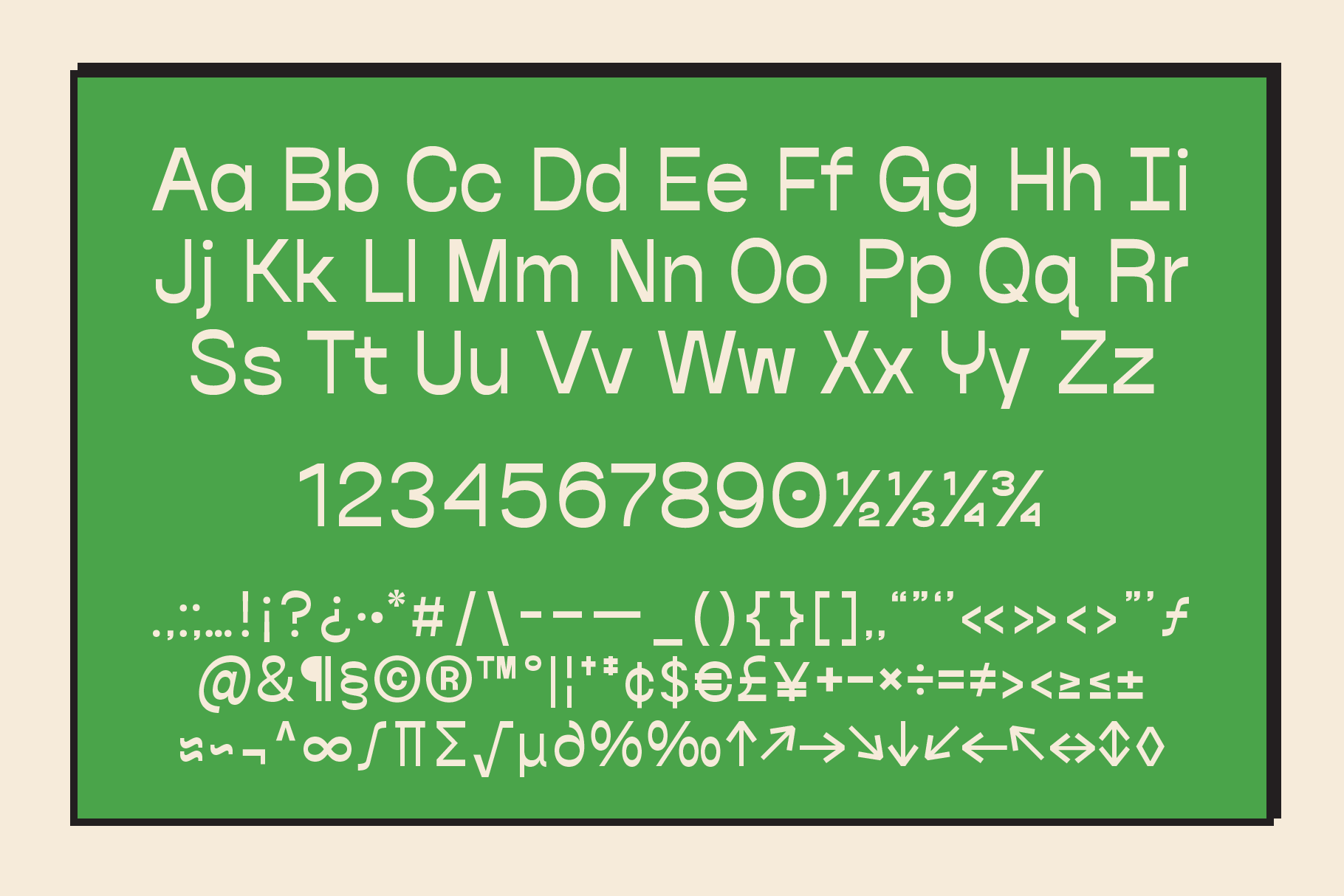 Font alphabet set with uppercase lowercase letters numbers symbols on green background typography design graphic template for designers