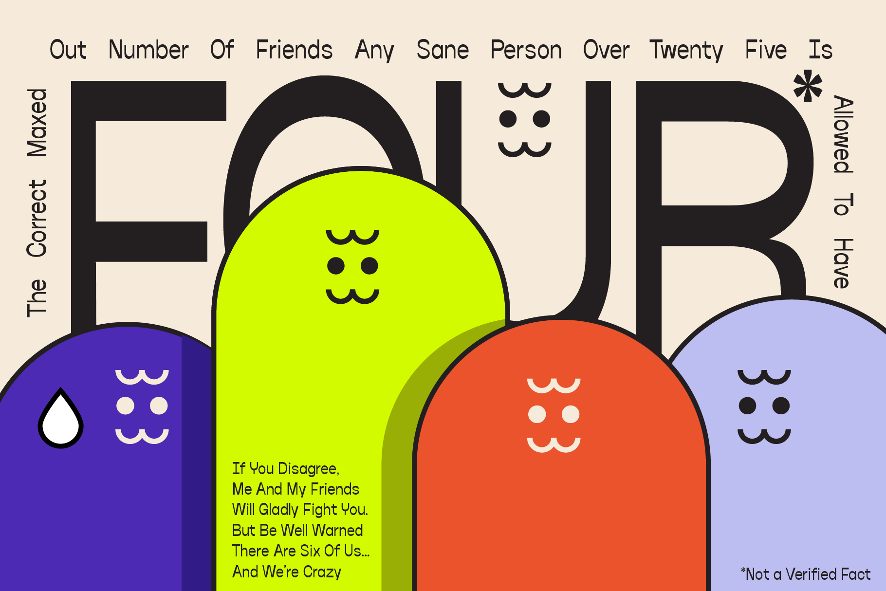 Playful illustration with colorful characters overlapping the word four; quirky text about friendship limits. Ideal for graphic design assets