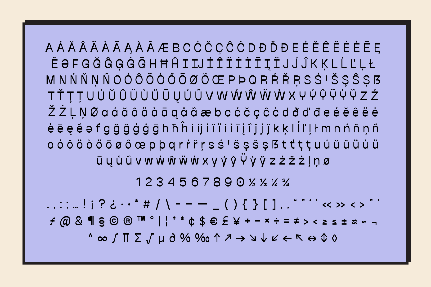 Font set display featuring uppercase lowercase letters, numerals, punctuation, symbols, diacritics. Perfect for graphic design templates and typography.