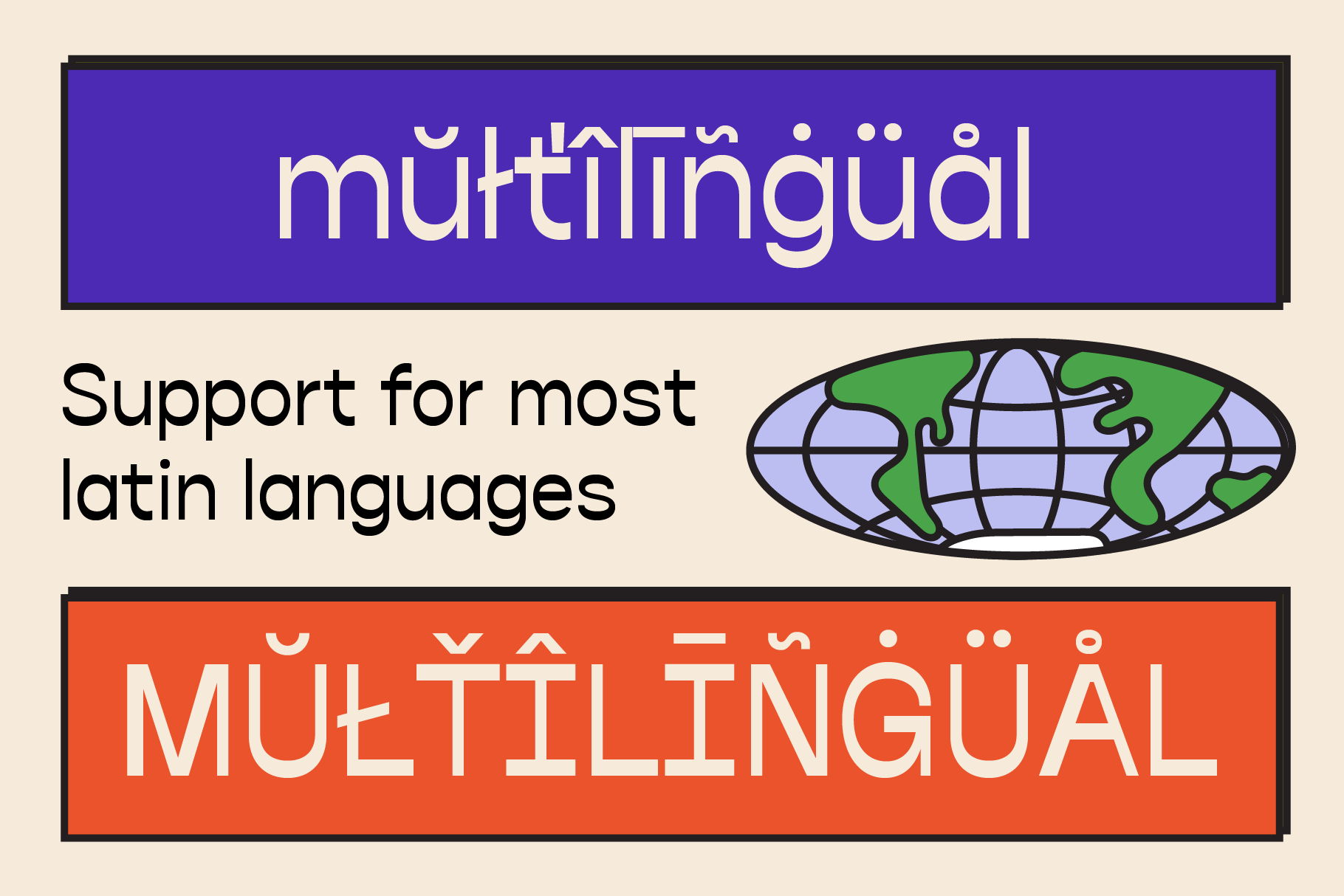 Multilingual font graphic showcasing support for most Latin languages with a globe icon. Ideal for designers seeking diverse typography assets.