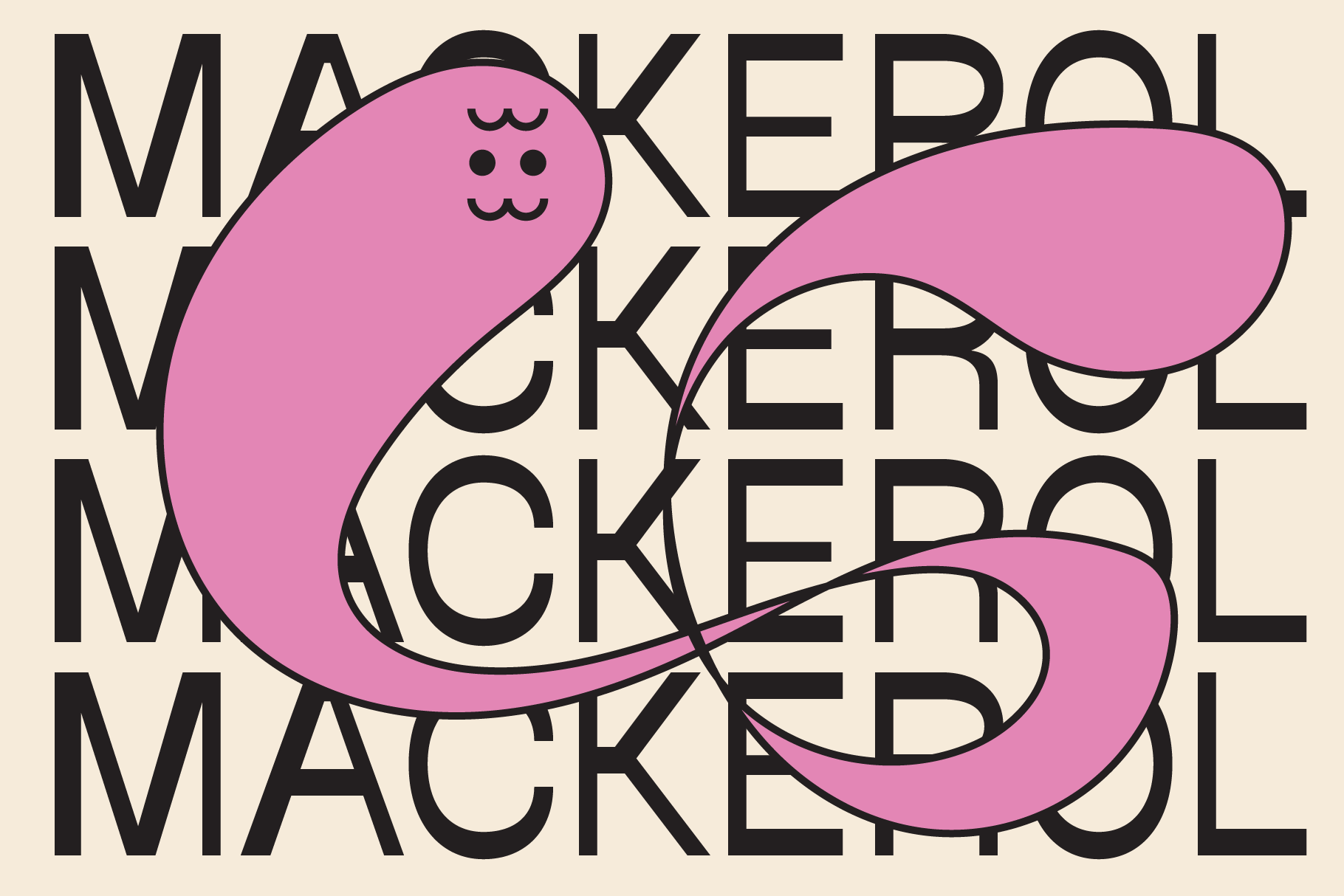 Colorful abstract graphic design featuring a pink cartoon character over bold text MACKEROL. Ideal for templates or graphic design resources.