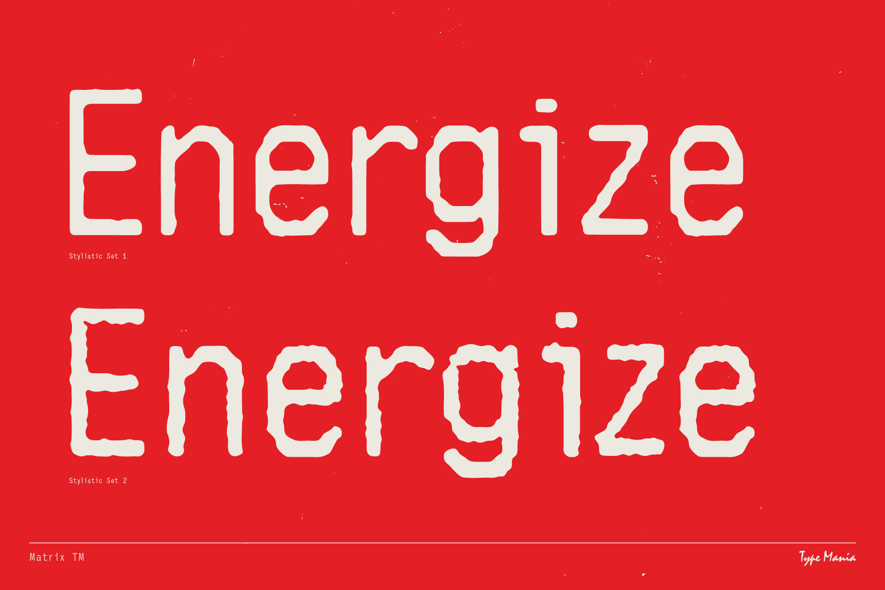 Bold red background showcasing the word Energize in two distinct font styles. Perfect for designers seeking unique typography for graphic projects.