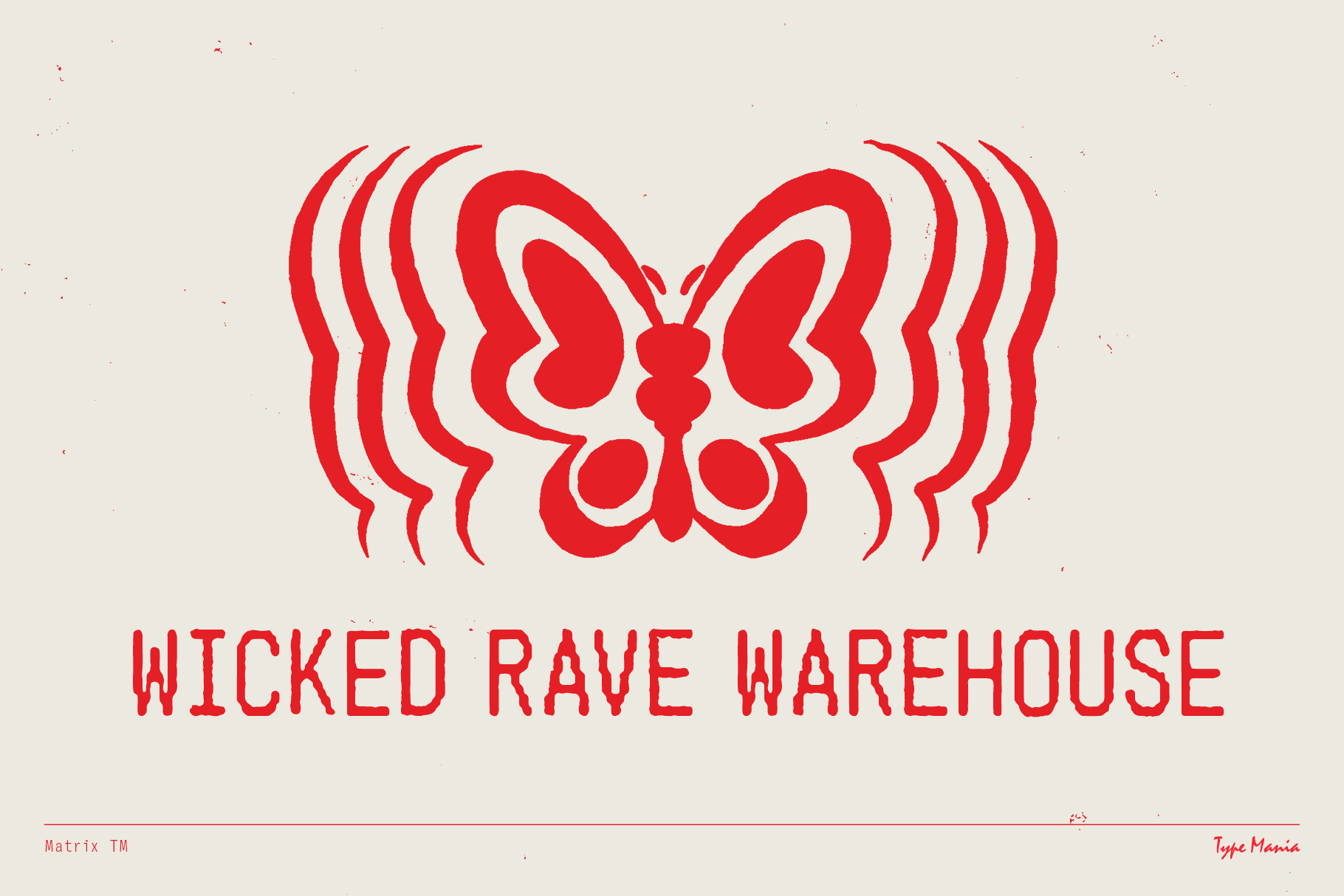 Red butterfly design with waves and text Wicked Rave Warehouse in bold font. Ideal for designers seeking edgy graphics, posters, rave themes, digital art.