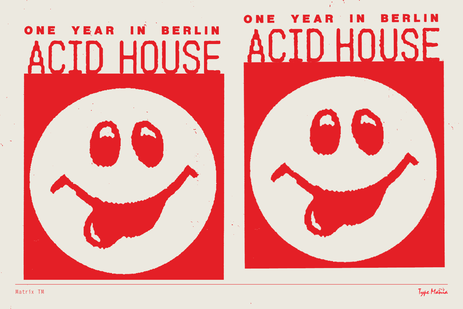 Acid house poster with smiley faces in bold red theme. Ideal for graphic design, retro themes, music event flyers. Berlin, digital assets, typography.