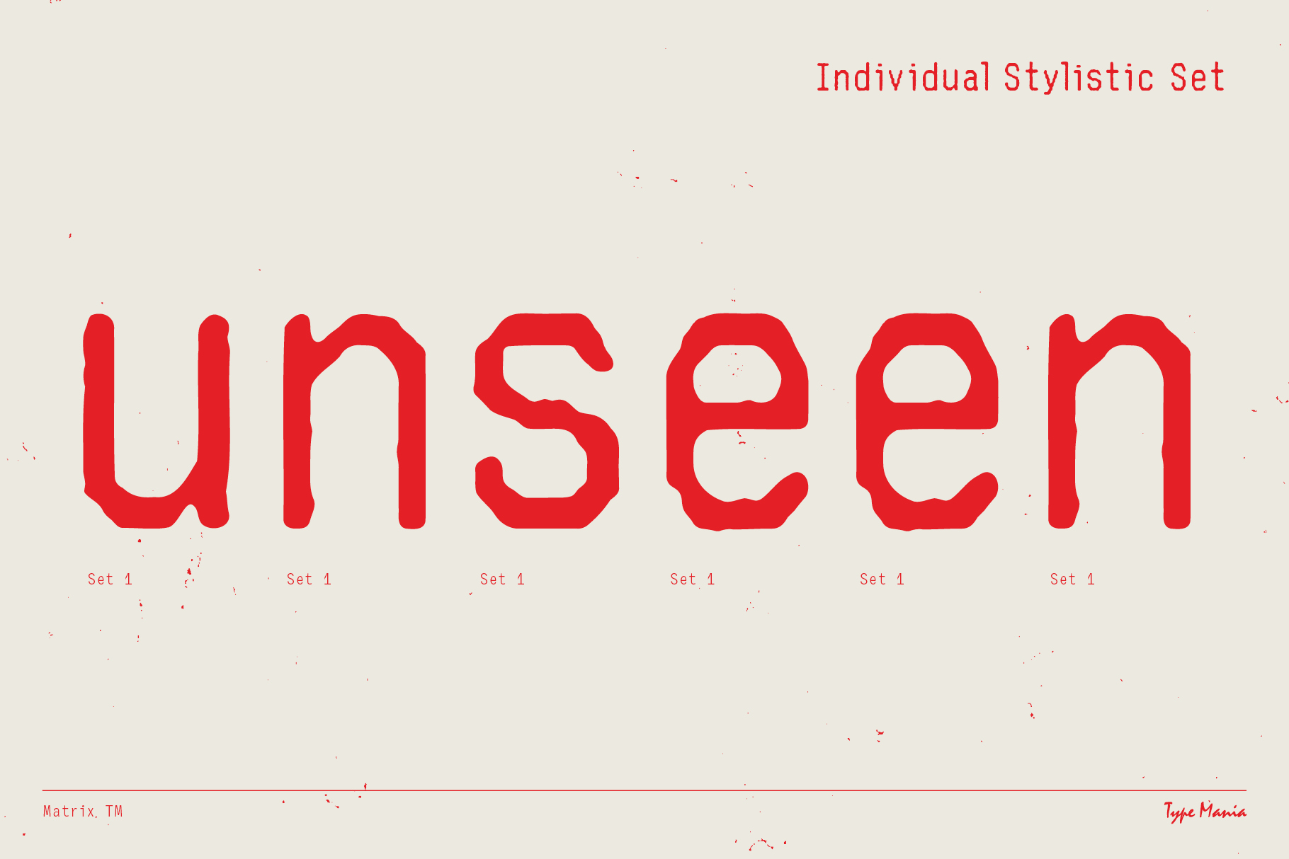 Bold red digital font display reading unseen on a beige background. Individual stylistic set great for typography or graphic design templates.