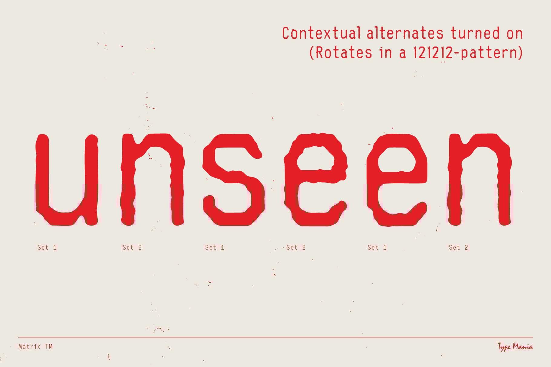 Bold red font graphic with contextual alternates in 121212 pattern displaying unseen against a light background showcasing typography design asset