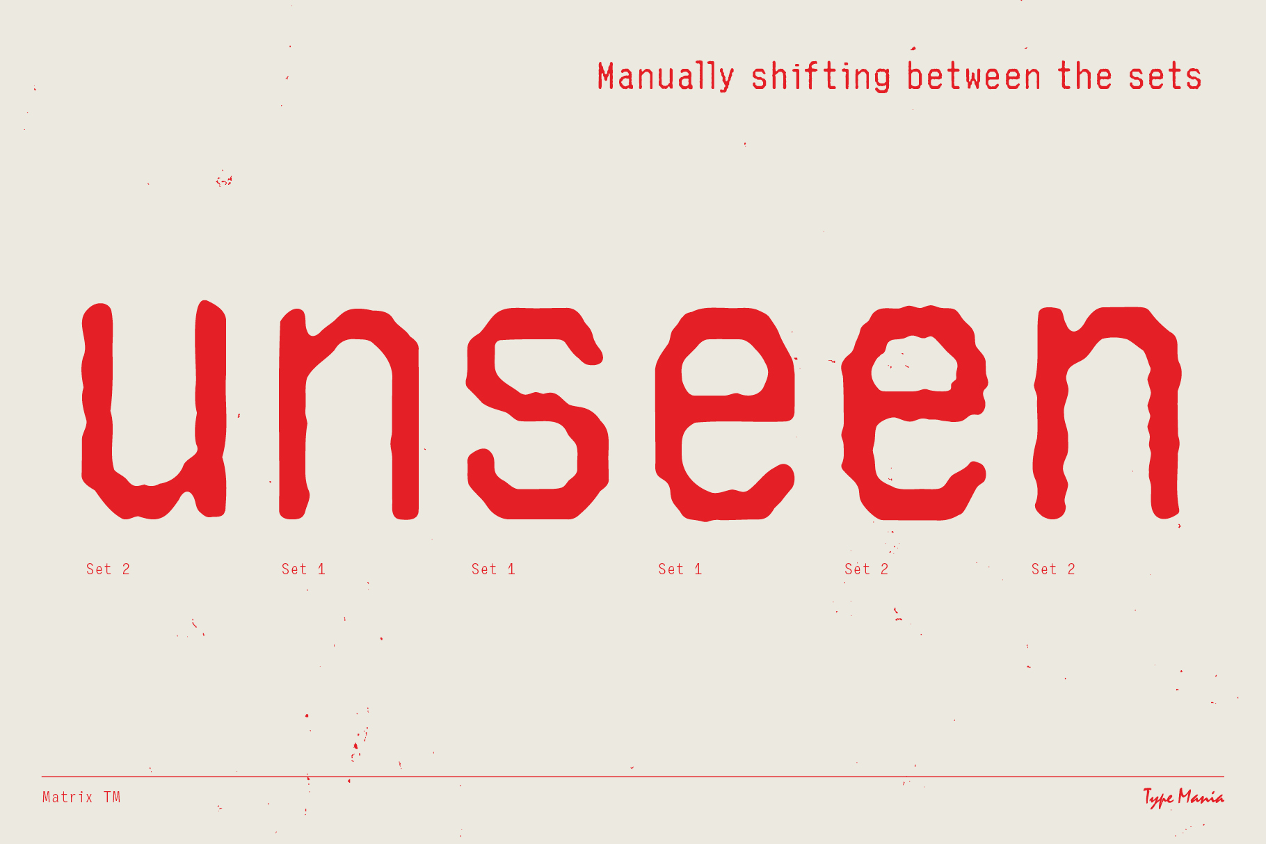 Red sans-serif font text unseen on beige background displayed in various stylistic sets. Perfect for use in graphic design projects and typography assets.