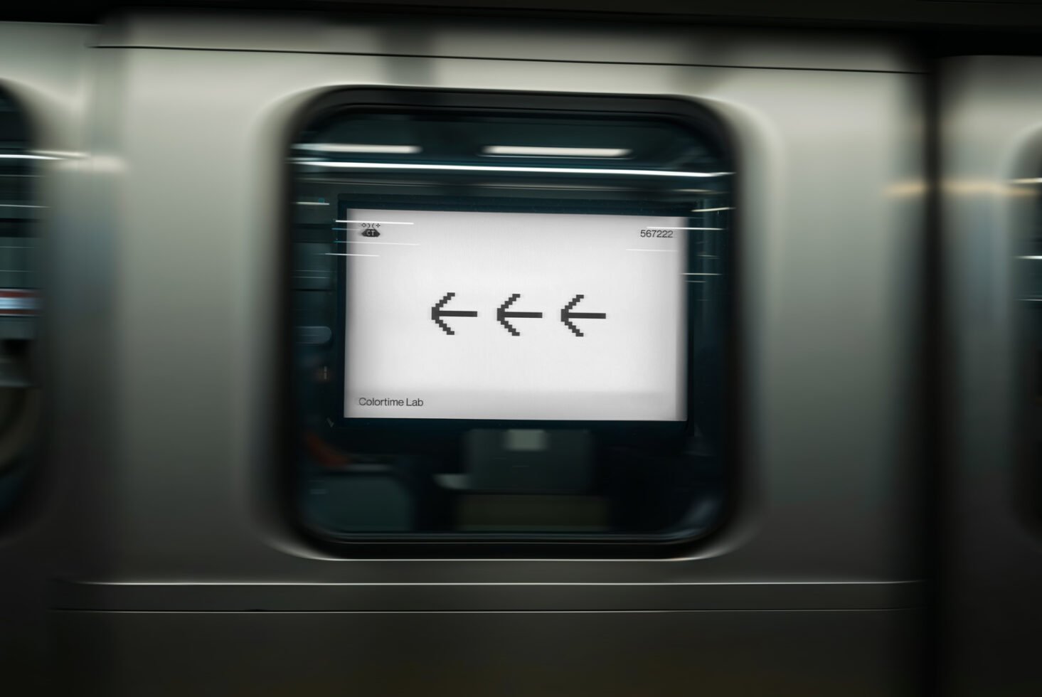 Subway mockup with digital pixel arrows displayed on a train window suitable for designers motion blur focus urban design Colortime Lab graphics