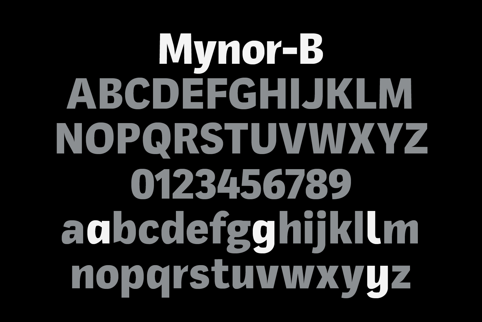 Bold sans-serif font Mynor-B displaying uppercase lowercase letters numbers on black background. Perfect for designers seeking modern typeface assets.