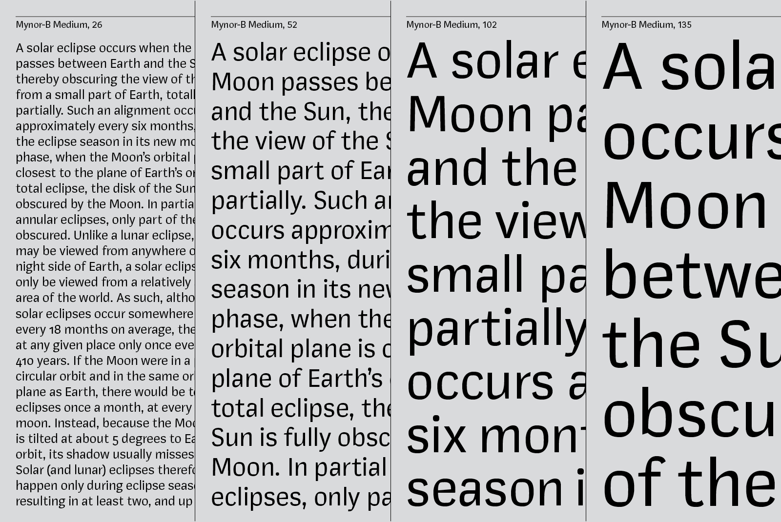 Font display showcasing Mynor-B Medium in sizes 26, 52, 102, 135. Ideal for typography, graphic design, print templates. Clean, modern typeface.