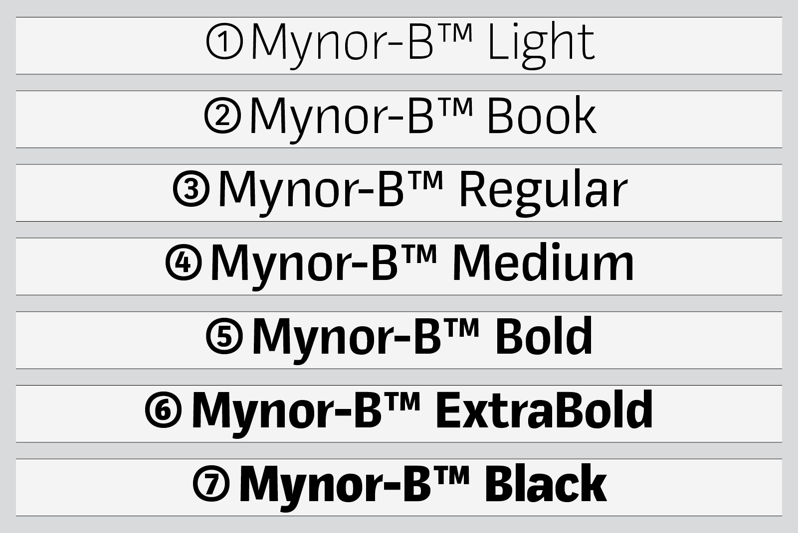 Font weight comparison of Mynor-B typeface from Light to Black for designers. Perfect for creating diverse typography in design projects.