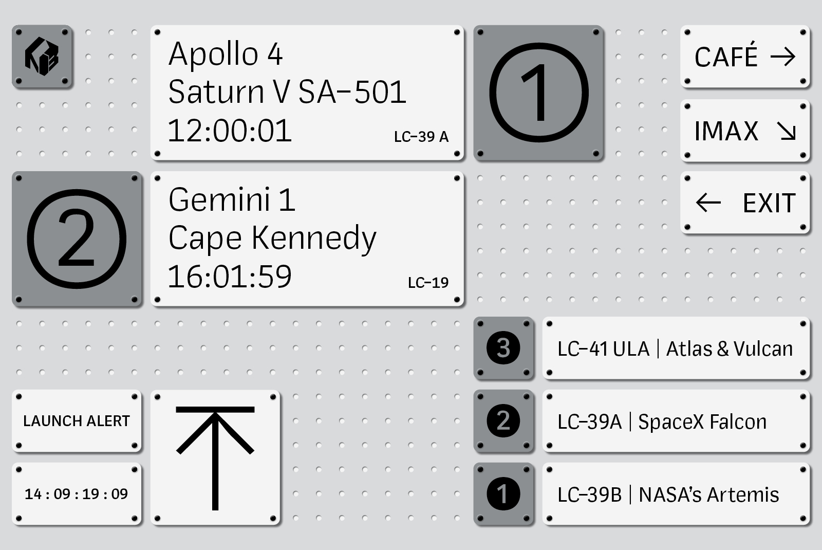 Futuristic digital dashboard template featuring countdowns, directional signage, and mission details for Apollo 4, Gemini 1. Perfect for tech designs.