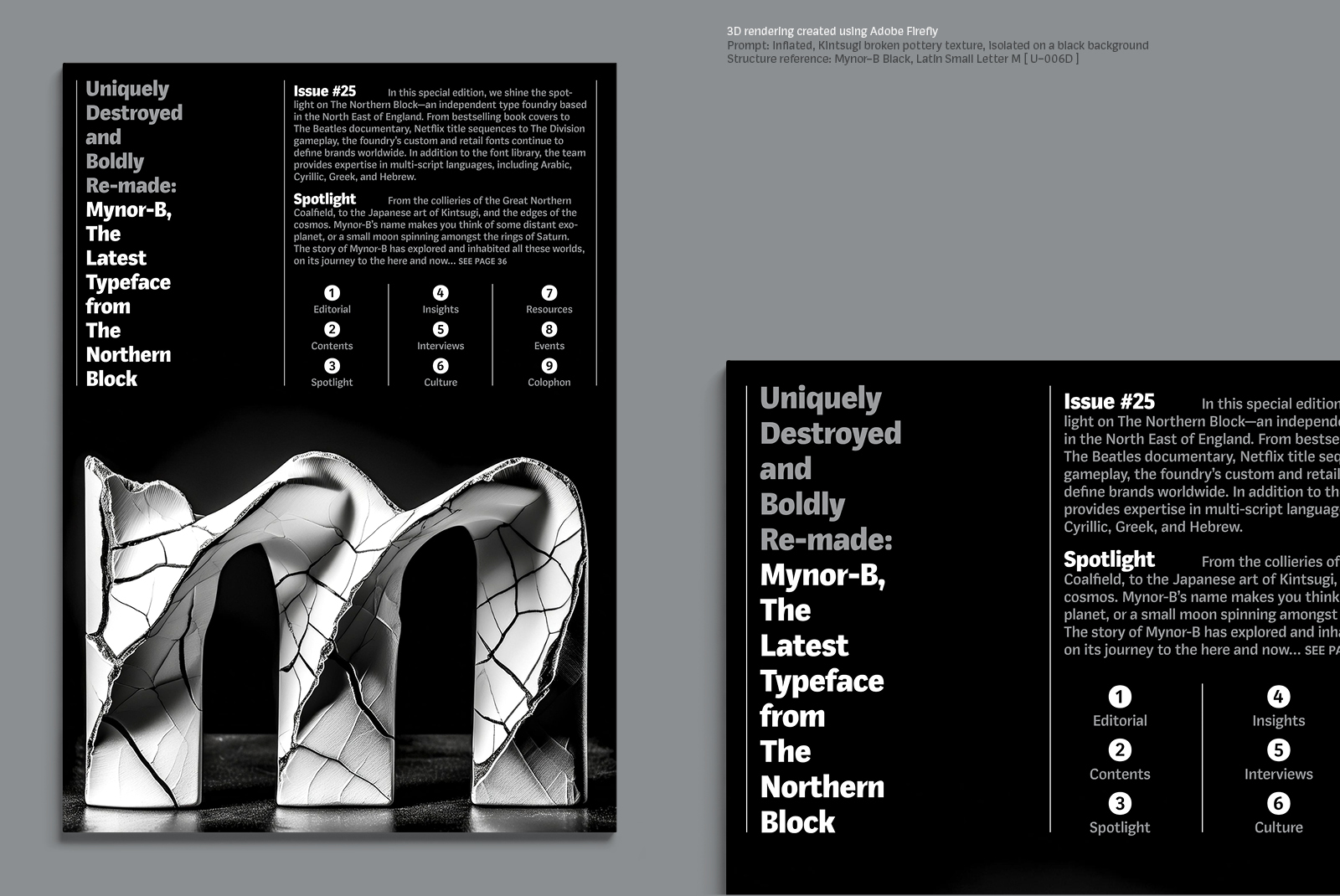 Magazine cover showcasing Mynor-B typeface from The Northern Block with a Kintsugi-inspired design. Perfect for design templates and typography projects.