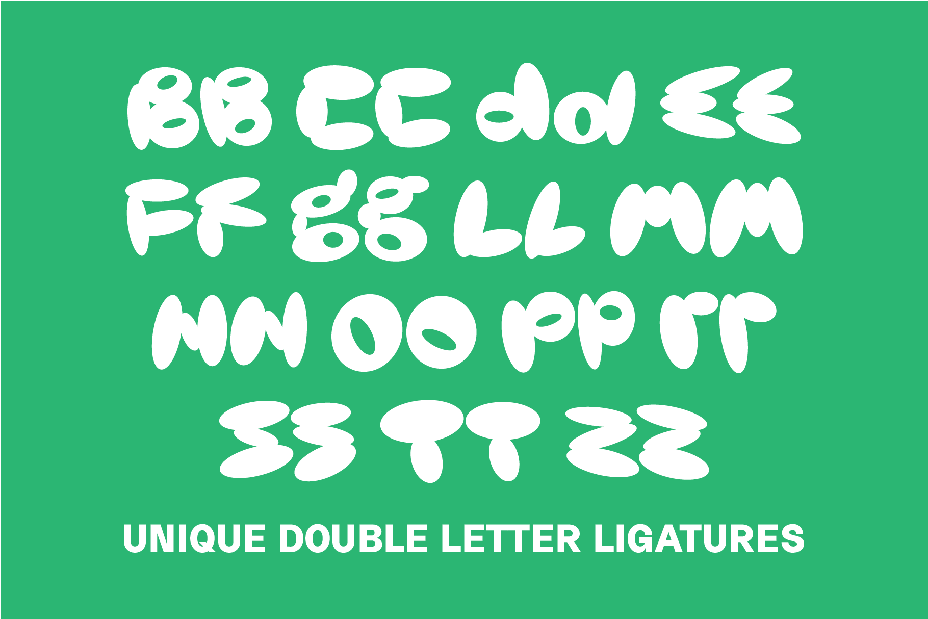 Bold white double letter ligatures font set on green background ideal for graphic designers typography enthusiasts font templates creative assets