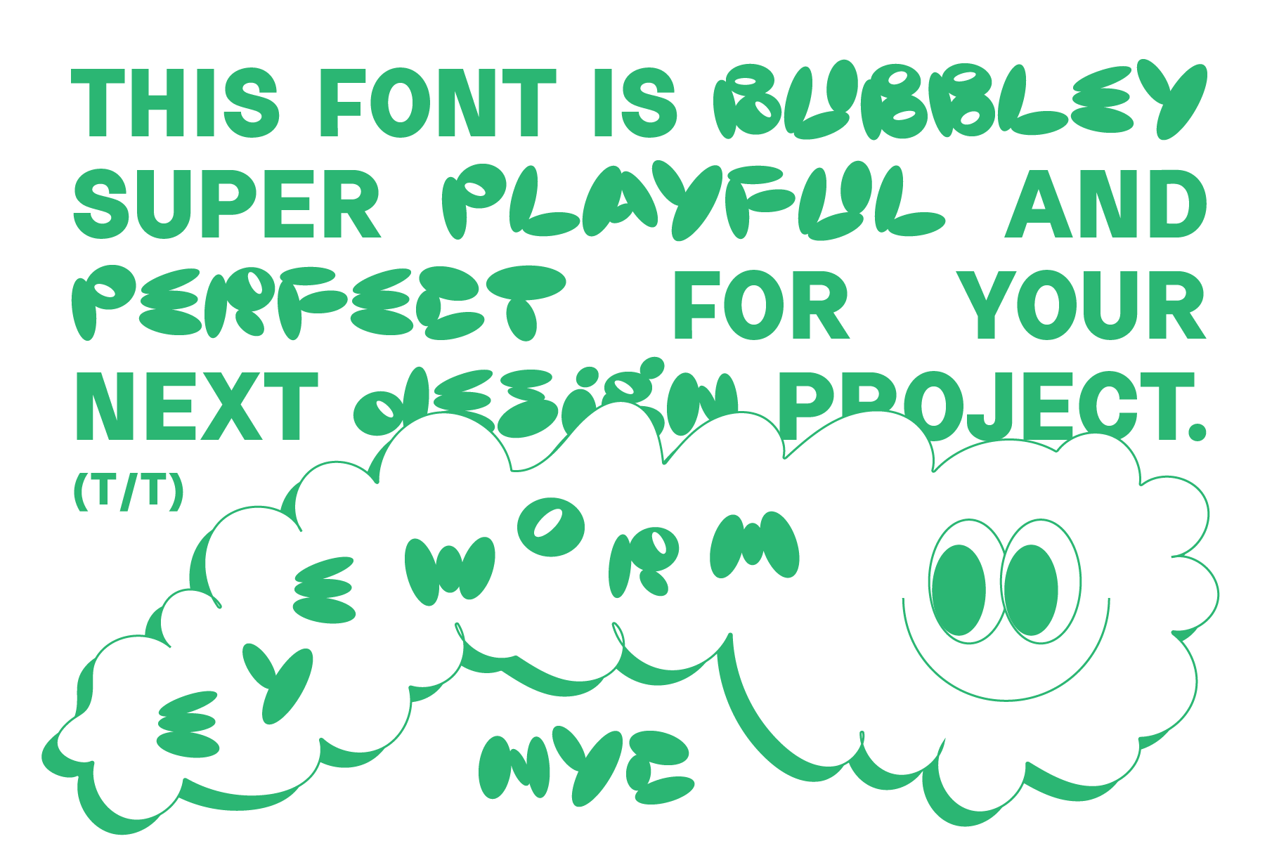 Playful bubbled font design in green, ideal for creative design projects. Suitable for designers seeking unique bold typography assets. Mockup display.