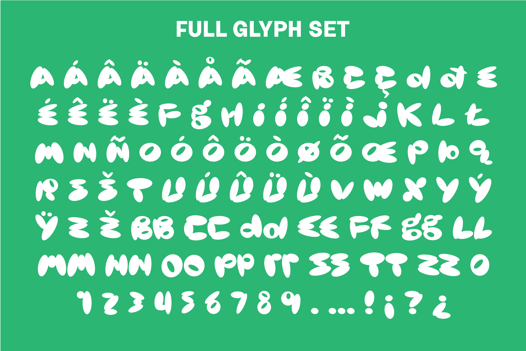 Playful font glyph set on green background for designers featuring uppercase lowercase numbers and symbols perfect for creative typography projects.