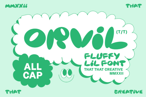 Playful typography graphic showcasing Orvil font; fluffy bold lettering in vibrant green; modern font design for creative projects; all caps style.