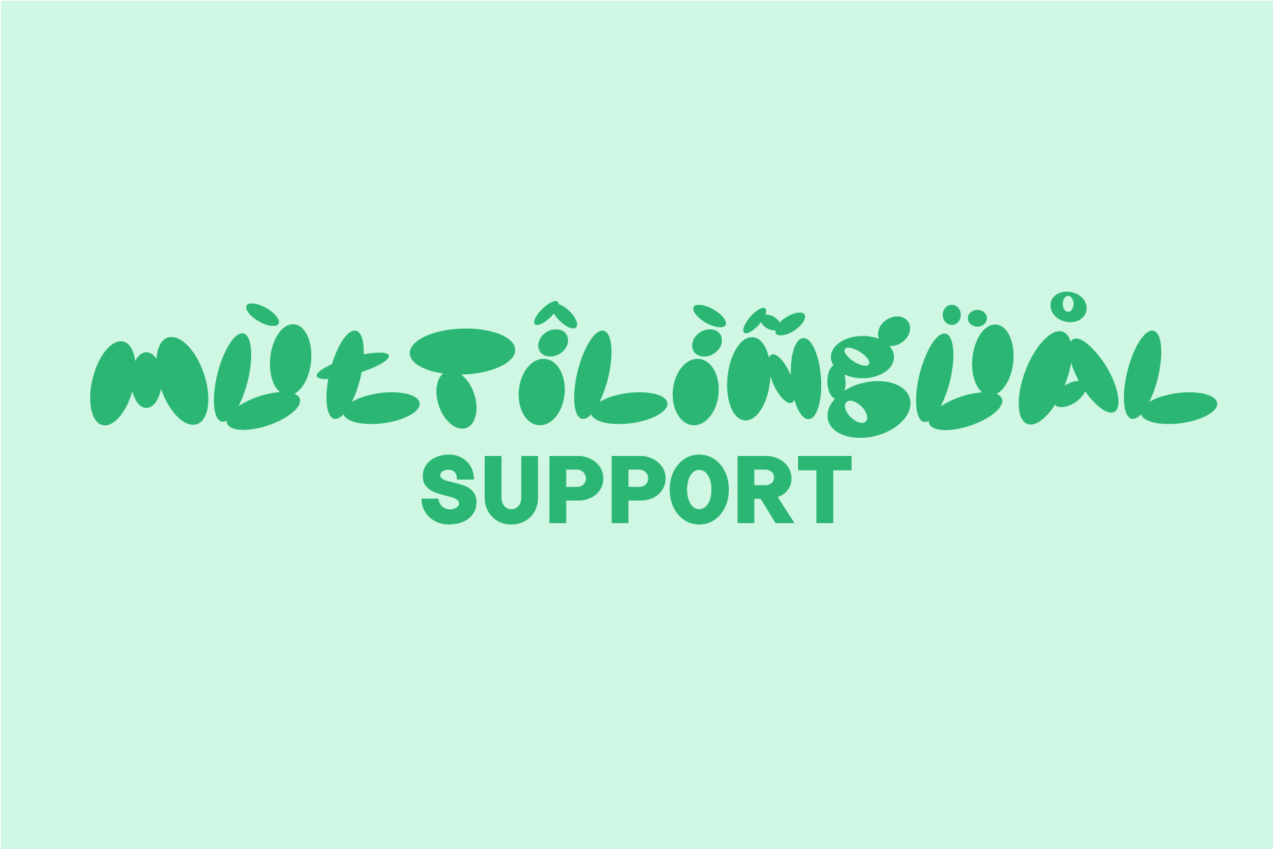 Playful green text stating Multilingual Support on pastel background ideal for typography graphics fonts design seamless integration creative projects.