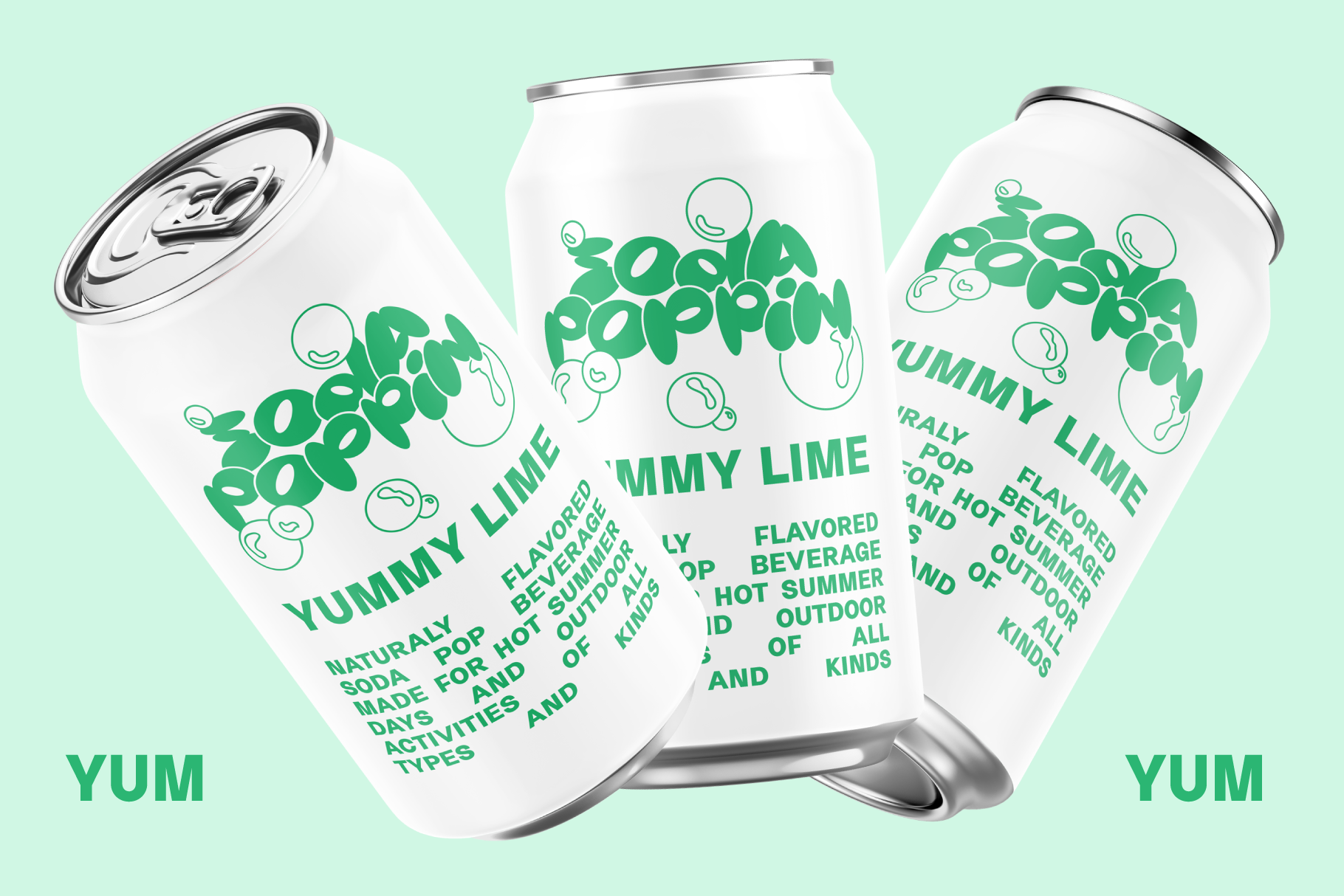 Three soda cans with funky green text design on mint background. Ideal for packaging mockups. Keywords: beverage, soda can, design, mockups, templates.
