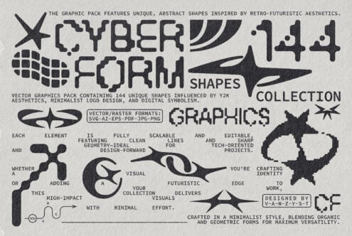 Cyberform Shapes Collection featuring 144 unique Y2K-inspired vector graphics ideal for minimalist logo design and digital symbolism in SVG AI formats.