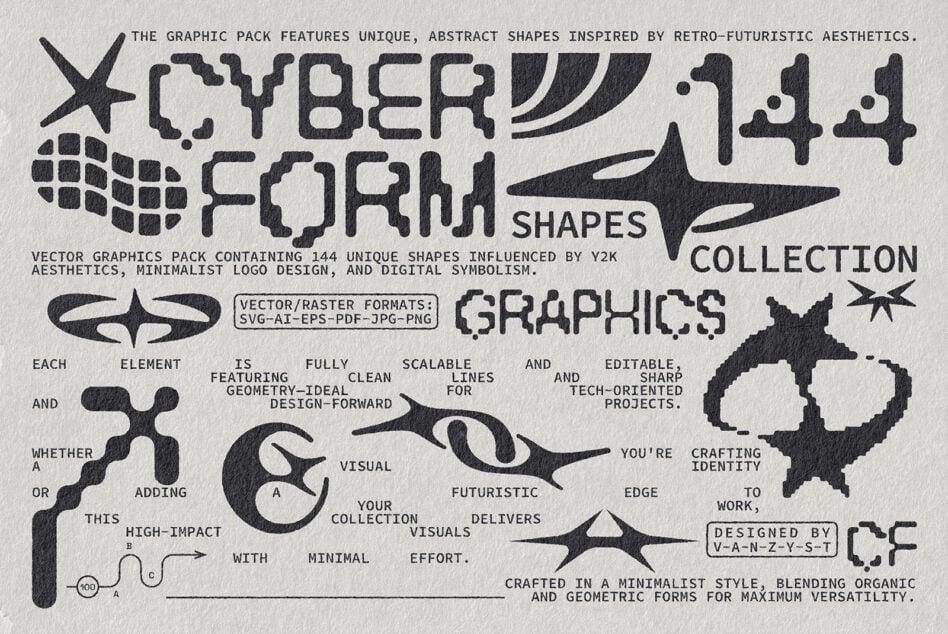 Cyberform Shapes Collection featuring 144 unique Y2K-inspired vector graphics ideal for minimalist logo design and digital symbolism in SVG AI formats.